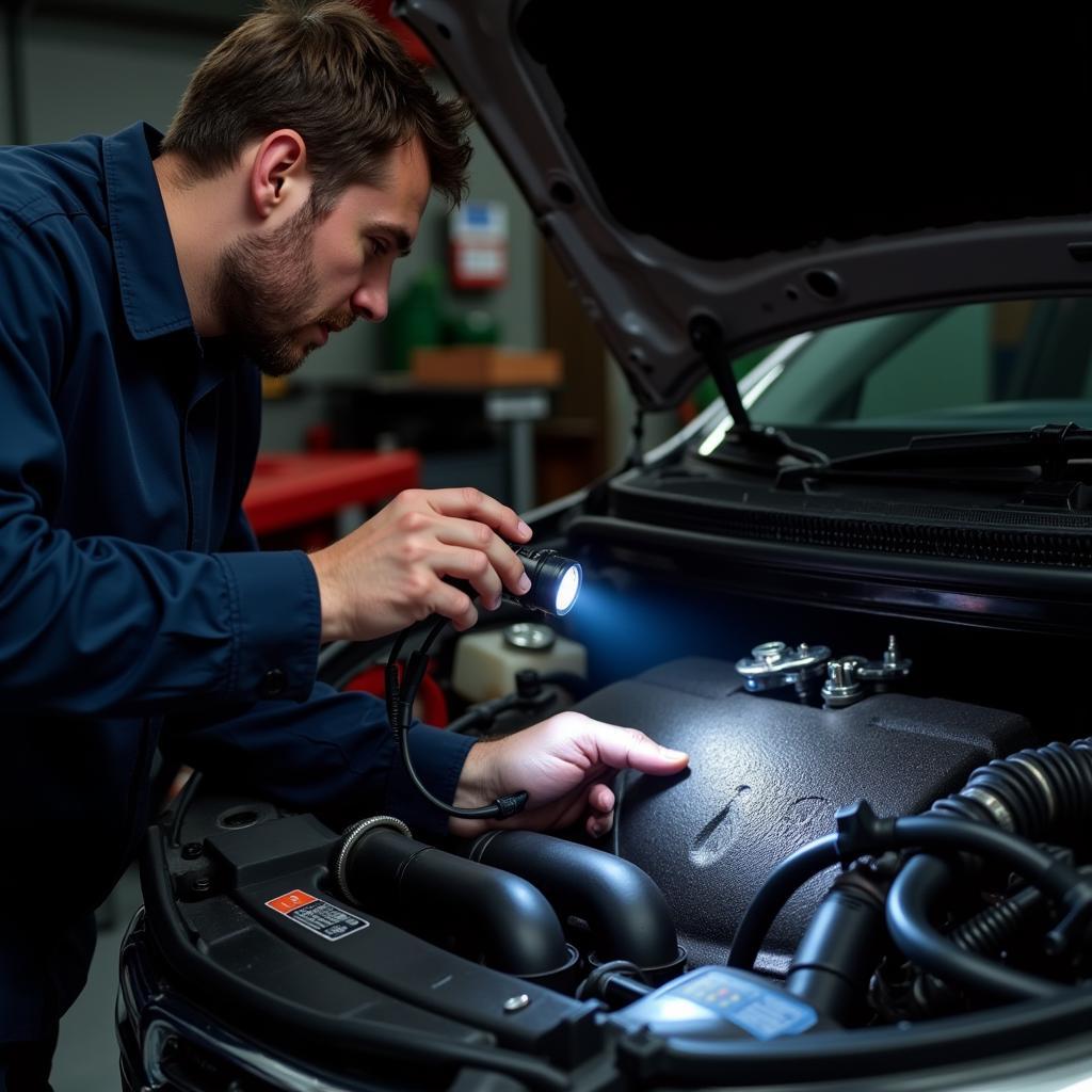 Mechanic checking car radiator for leaks