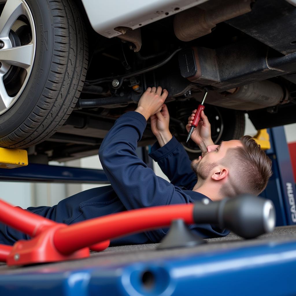 Mechanic Inspecting Car's Undercarriage