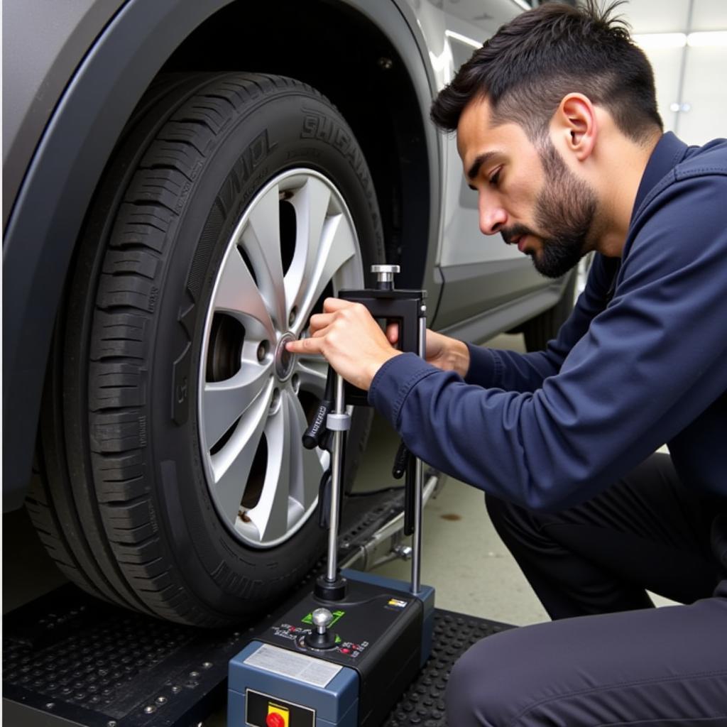 Mechanic Checking Car Wheel Alignment