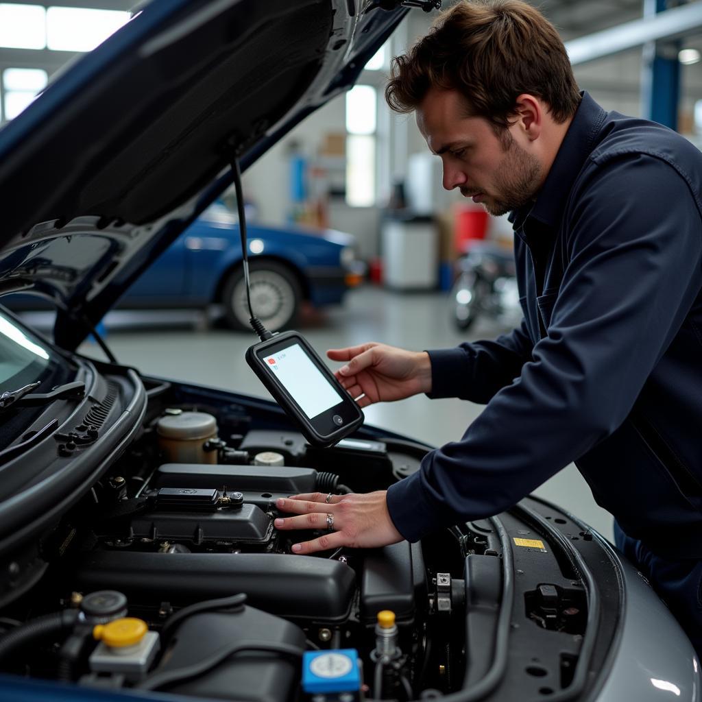 Mechanic Inspecting a Car Engine