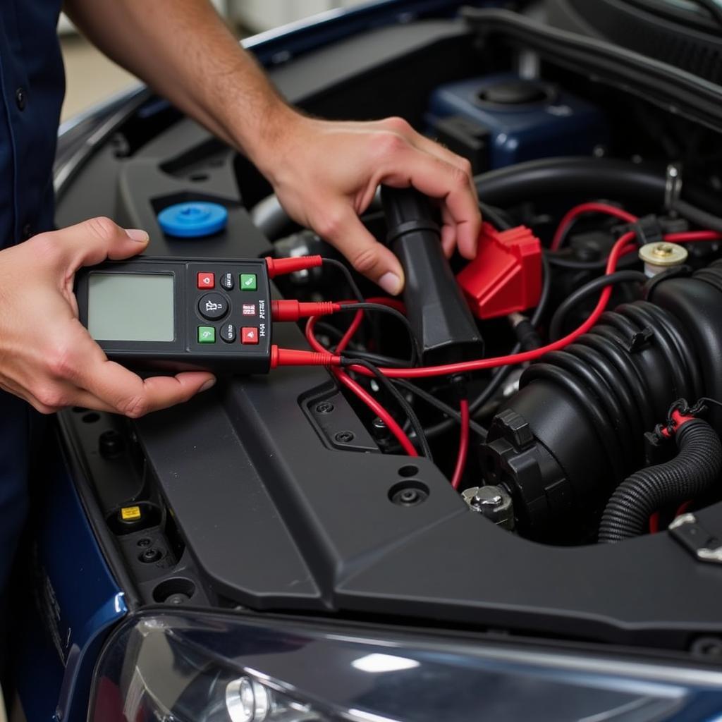 Mechanic Diagnosing Car Alarm Engine Wiring Issues