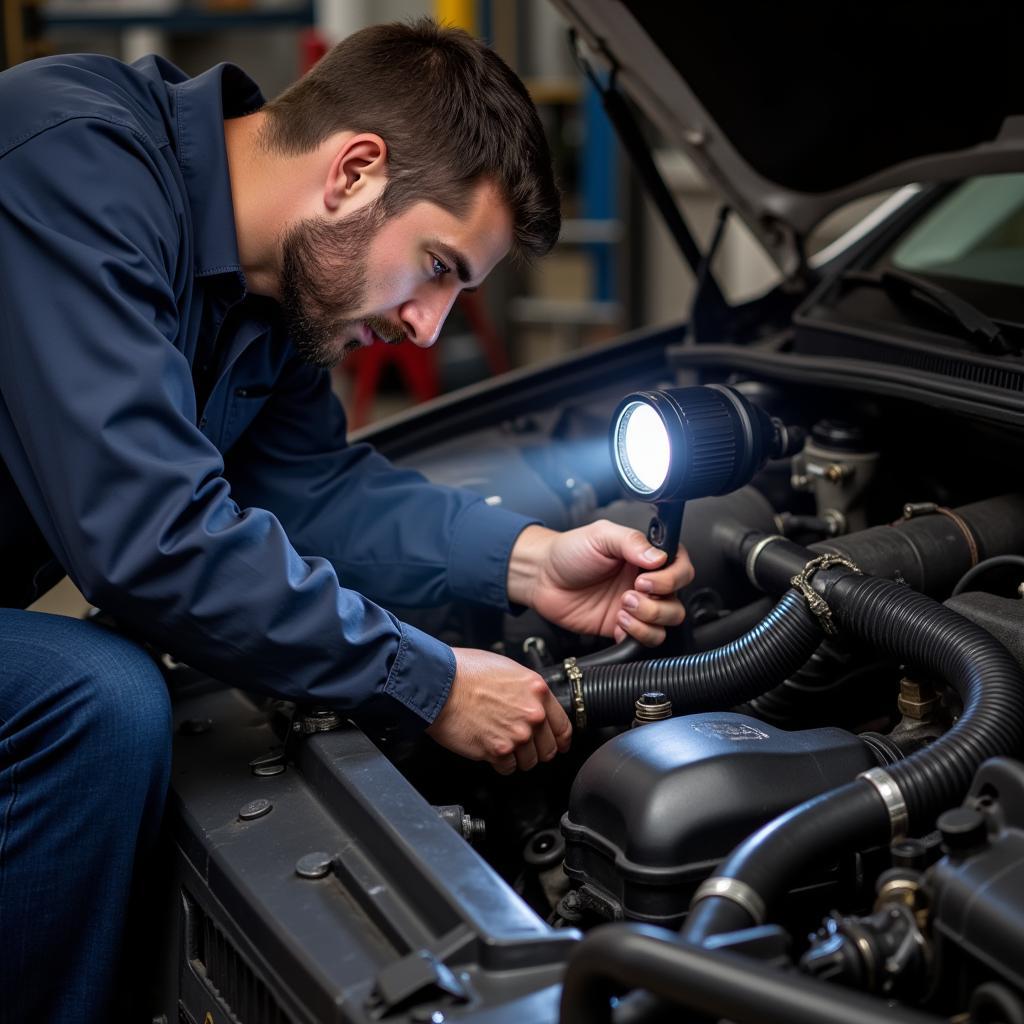 Mechanic Inspecting Radiator Hoses for Leaks