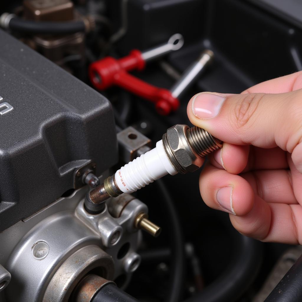 Mechanic checking spark plugs in Honda engine