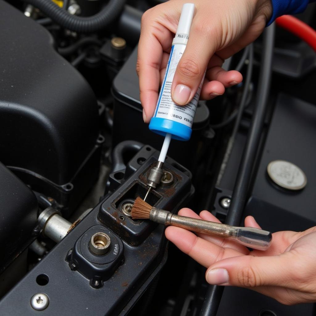 Mechanic Cleaning Car Battery Terminals