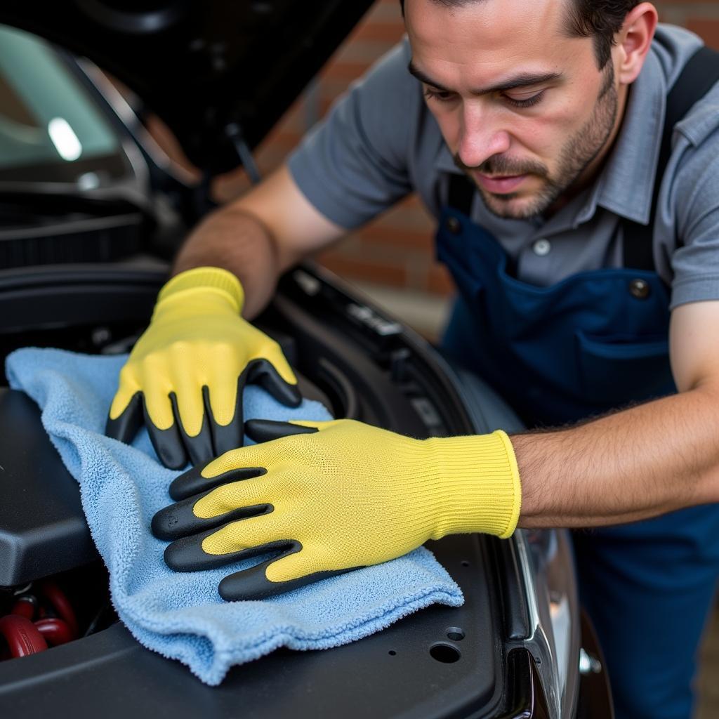 Mechanic Cleaning Gloves After Completing Car Repair Work