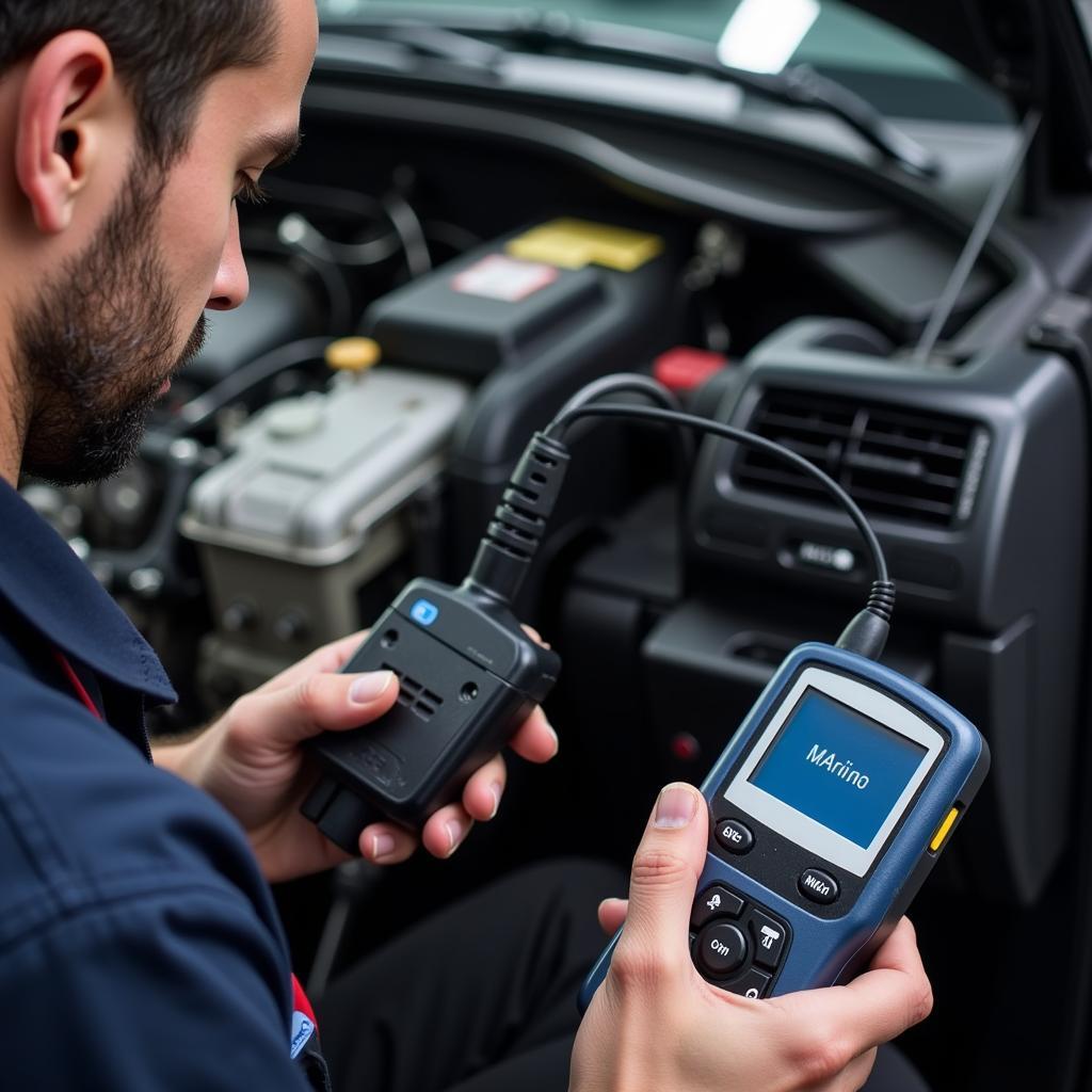 Mechanic Diagnosing Car Emissions Problem Using Diagnostic Tool