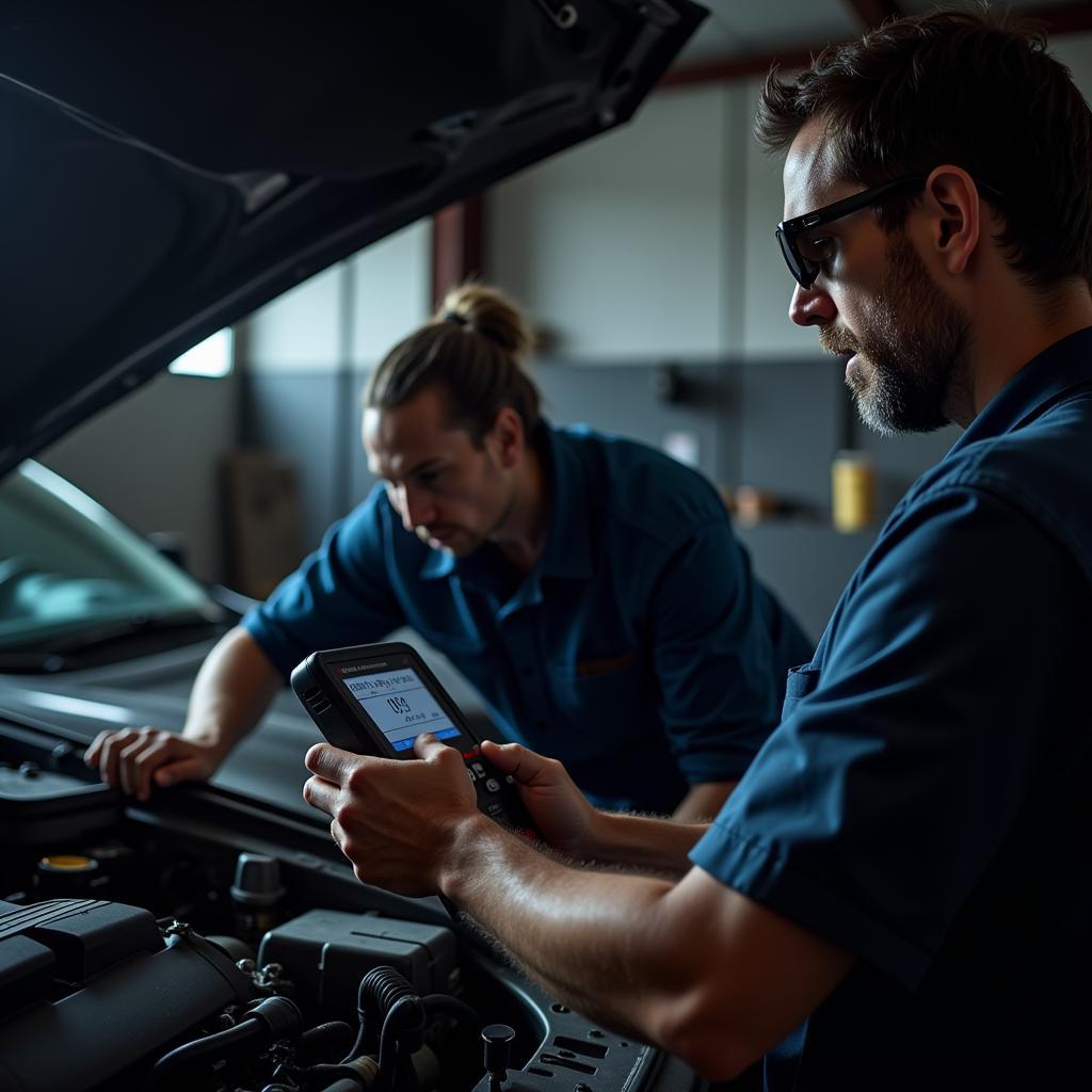 Mechanic Diagnosing Car Night Fumes