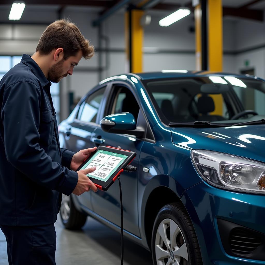 Mechanic diagnosing a car problem using a diagnostic tool