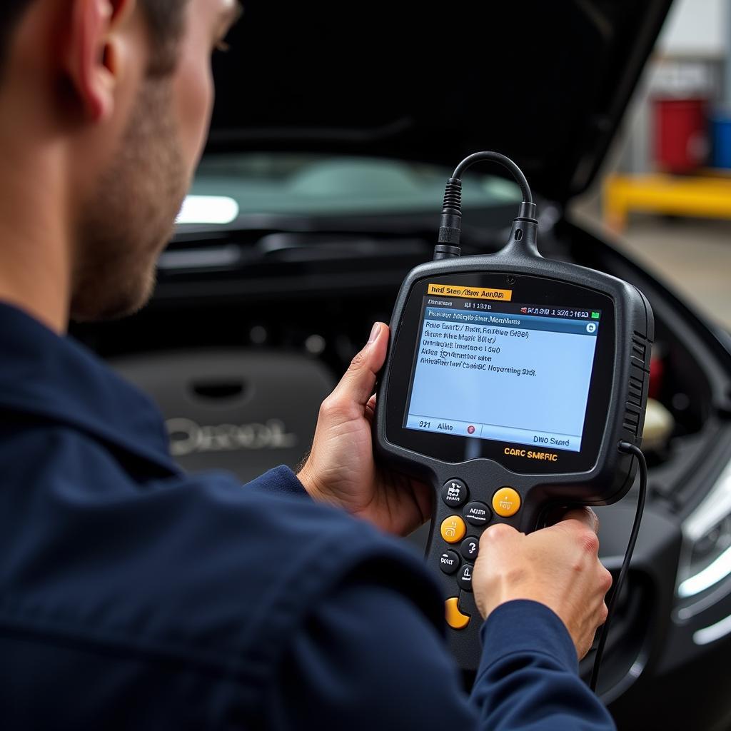 Mechanic Diagnosing Car Start Problem with Diagnostic Tool