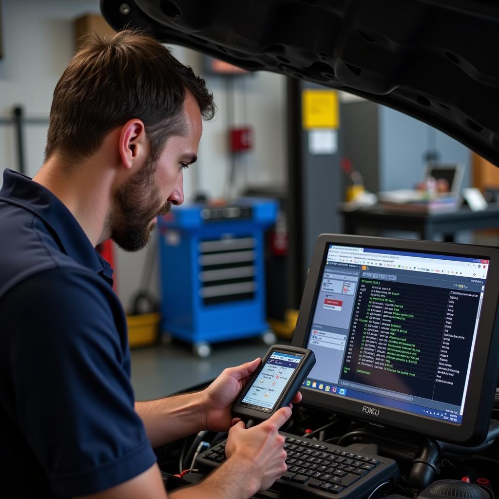 Mechanic Diagnosing ECU with Diagnostic Tool