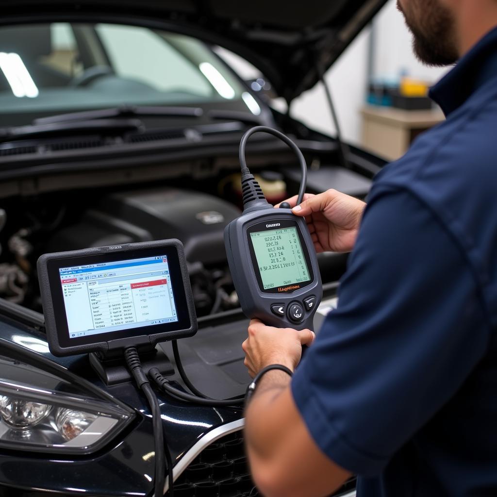 Mechanic Diagnosing Engine Shake with Diagnostic Tools