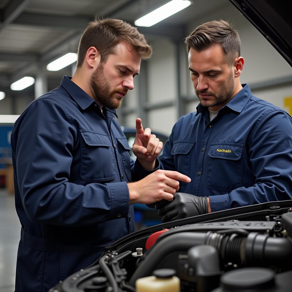 Mechanic explaining car repair costs to a car owner.