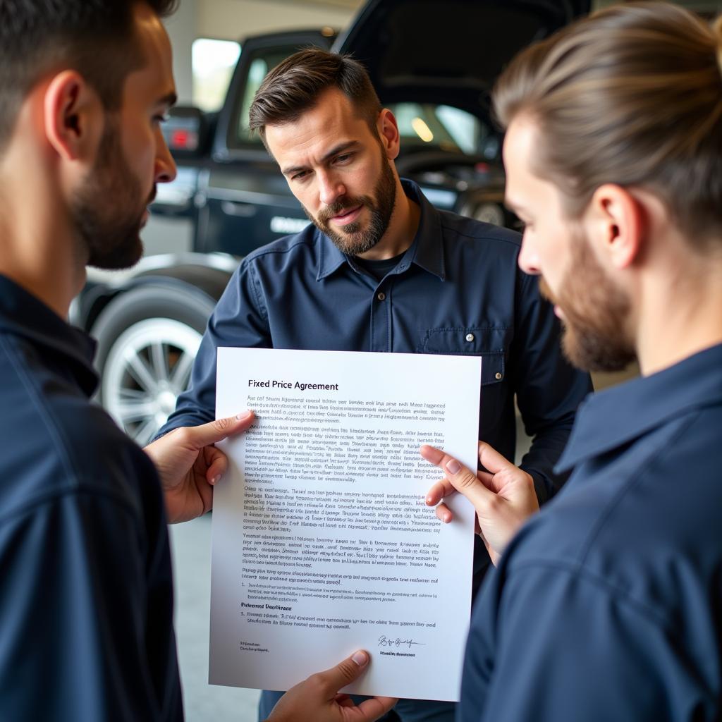 Mechanic Explaining Fixed Price Car Repair