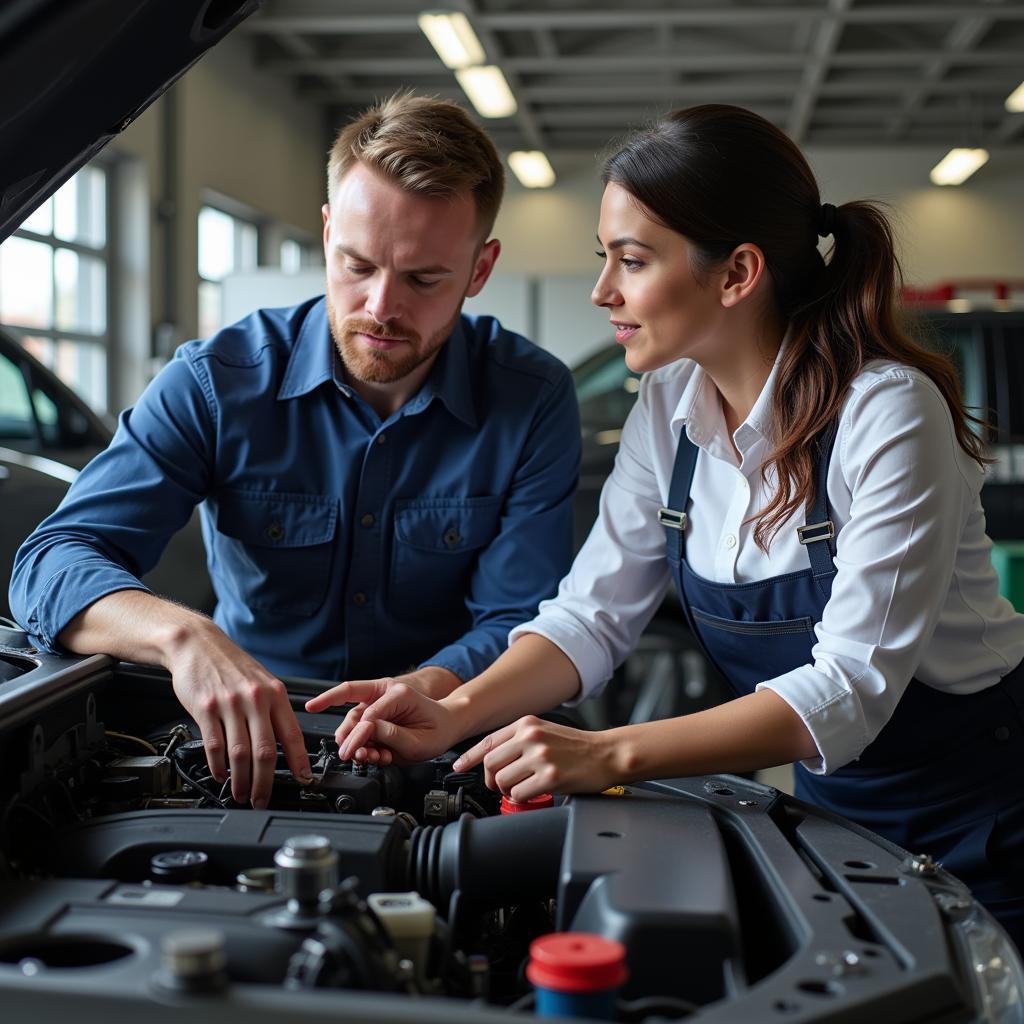 Mechanic explaining repairs to a car owner