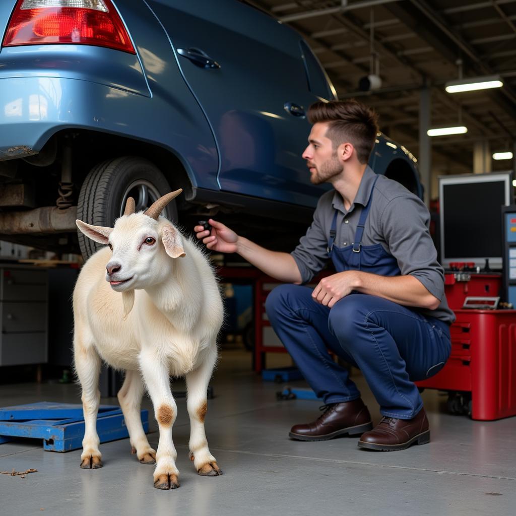 Mechanic Fixing Car with Goat Watching