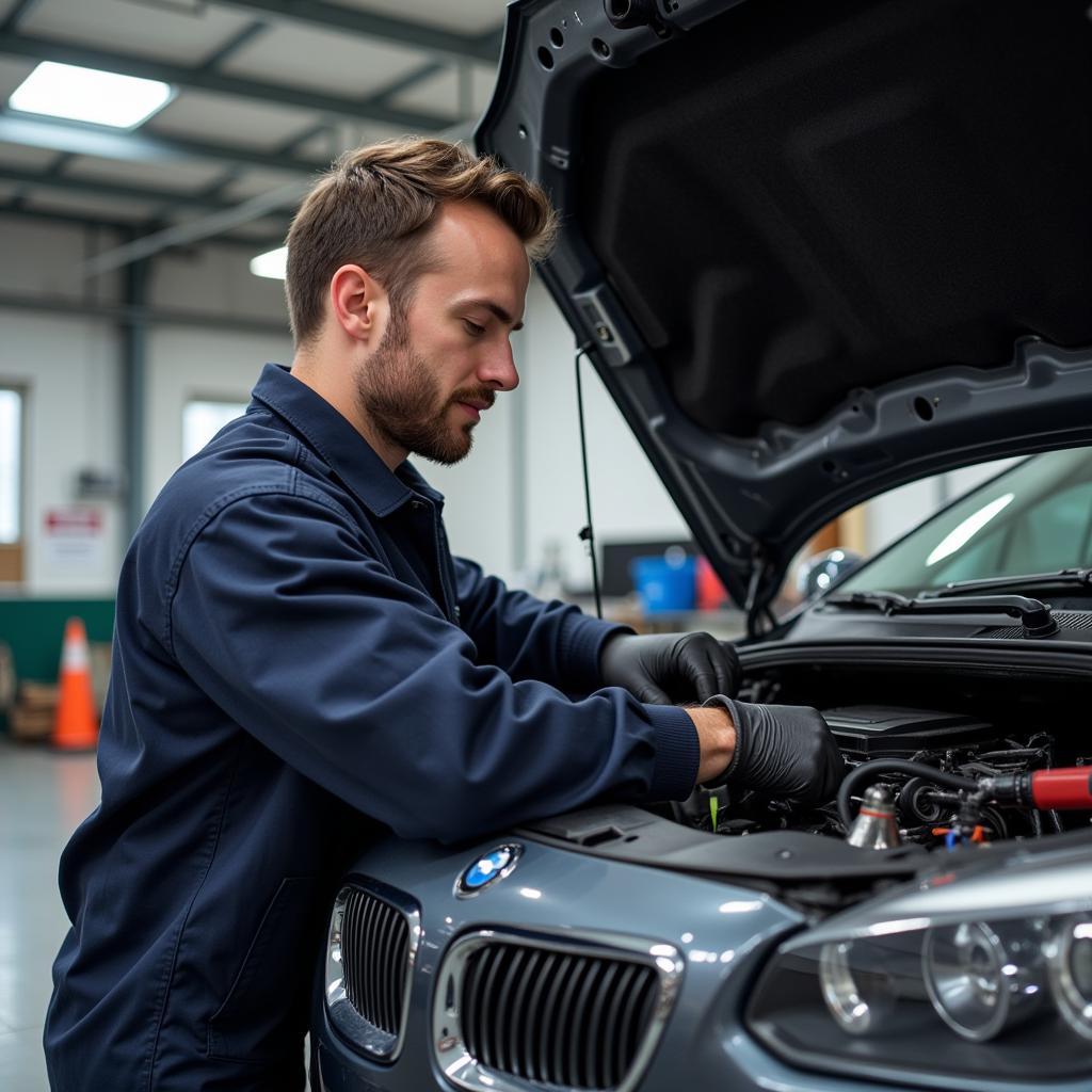 Mechanic fixing a car service problem in a professional garage, ensuring efficient and reliable repairs.