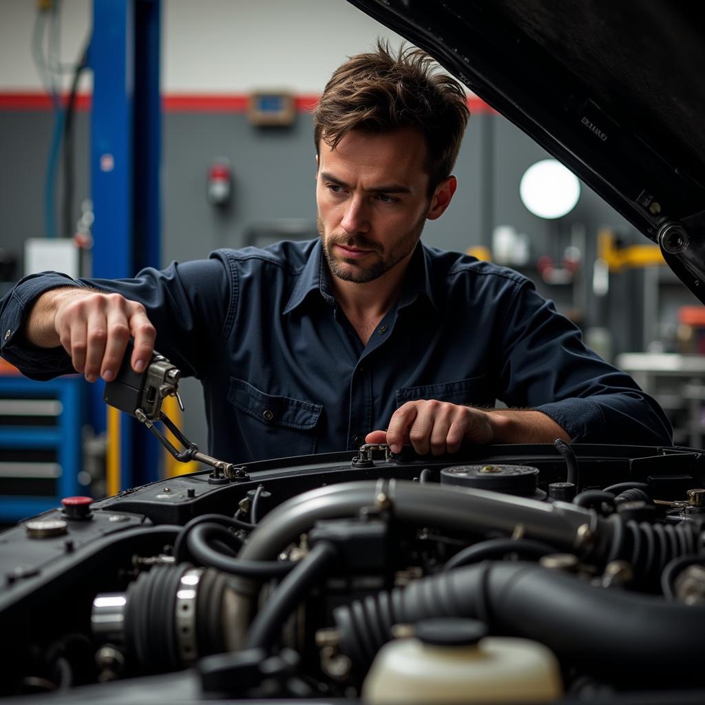 A mechanic working on fixing an engine leak in a car repair shop