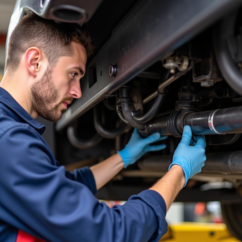 Mechanic inspecting car AC drain