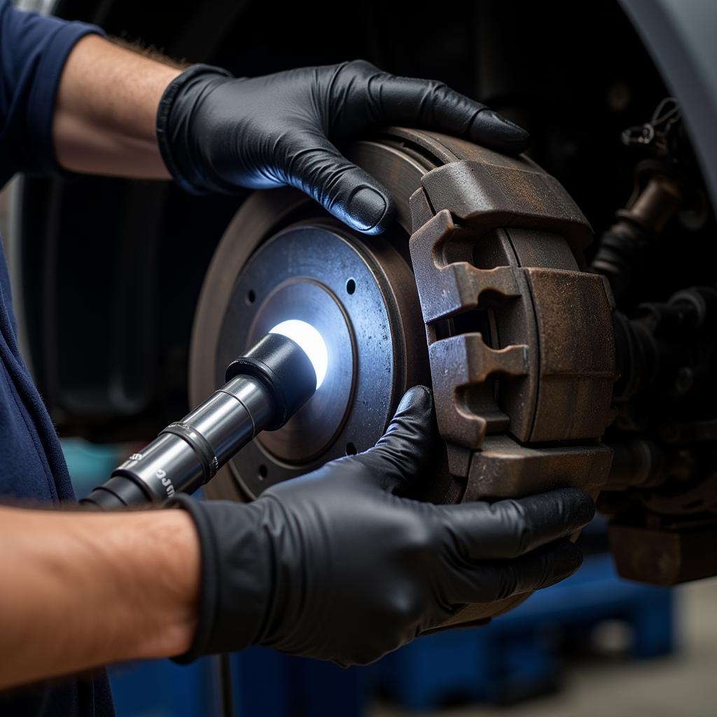 Mechanic inspecting brake pads