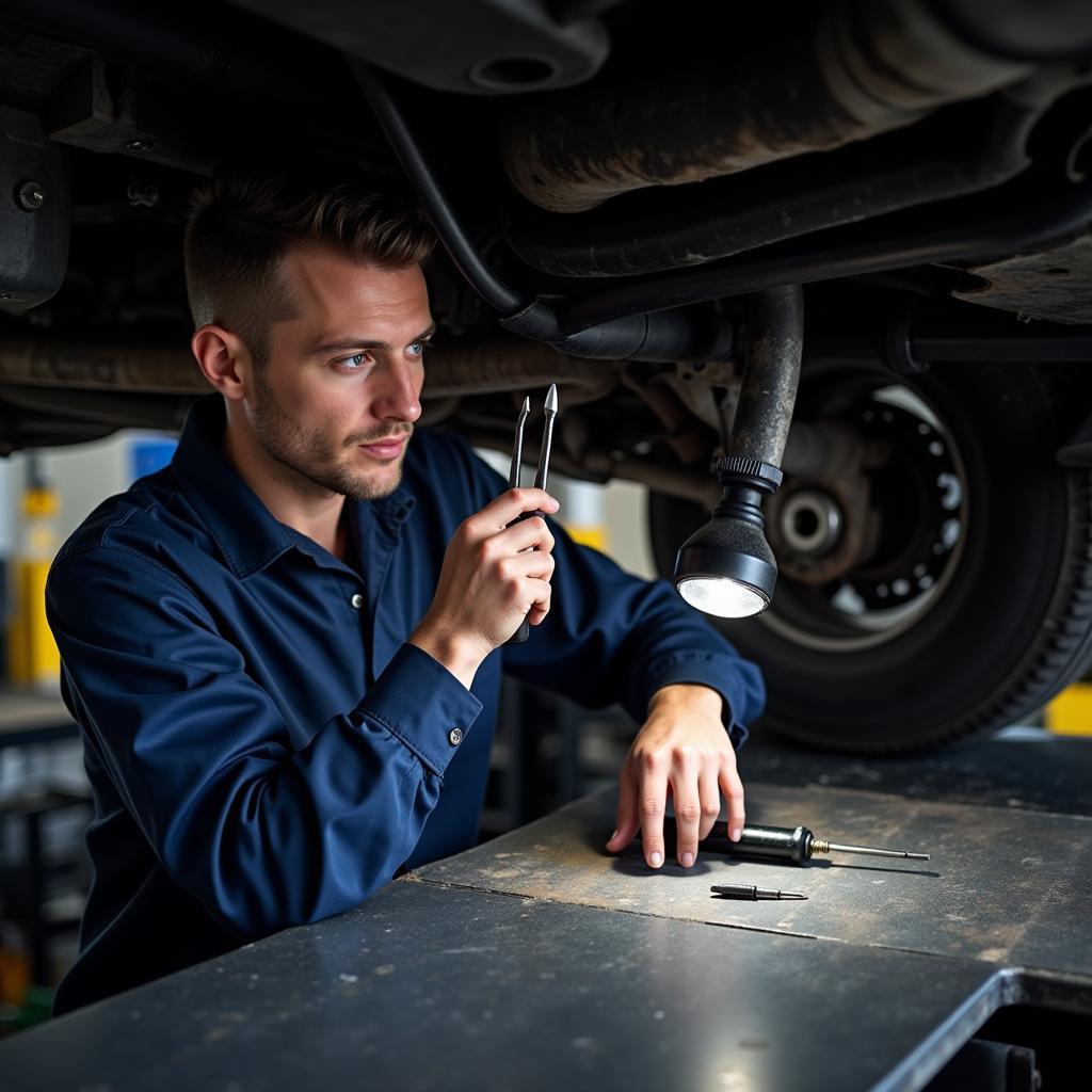 Mechanic Inspecting Car Undercarriage