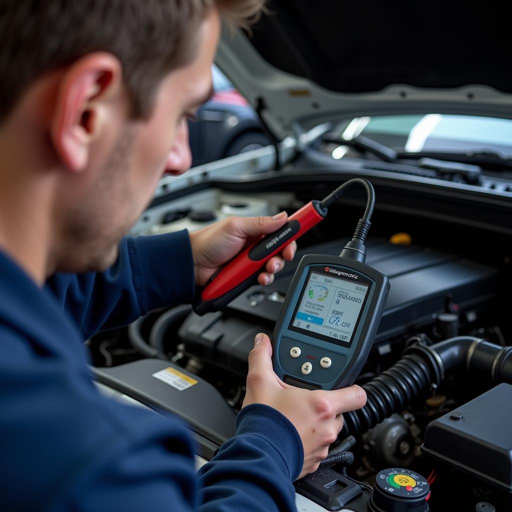 Mechanic Inspecting Car for Maintenance Light Issue