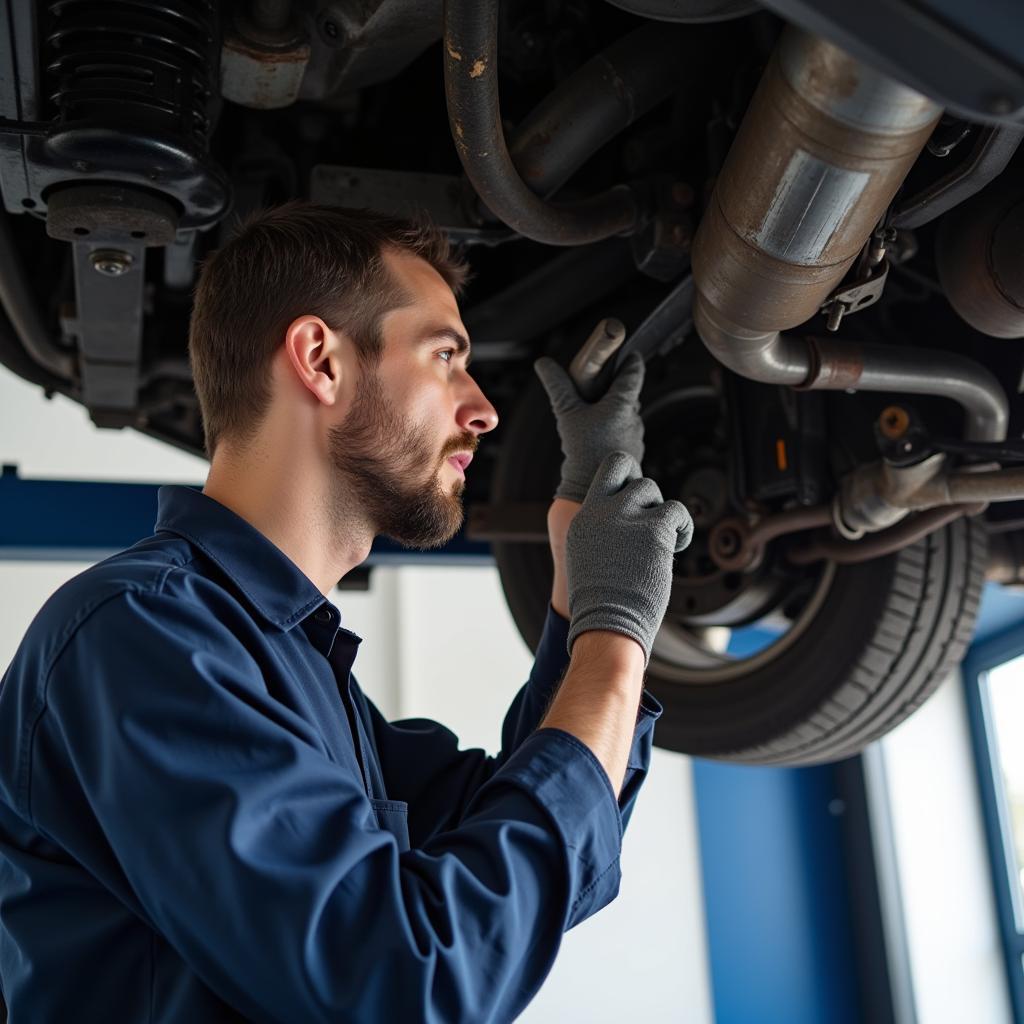 Mechanic Inspecting Car Undercarriage