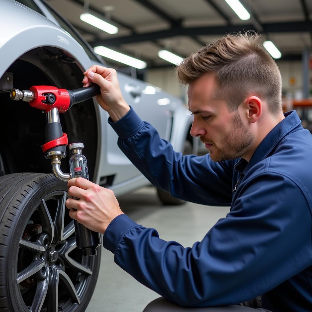 Mechanic Inspecting a Car's AC System