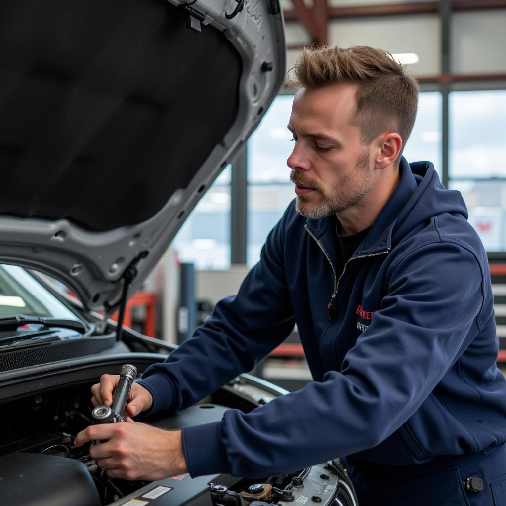 Mechanic Inspecting a Car's AC System