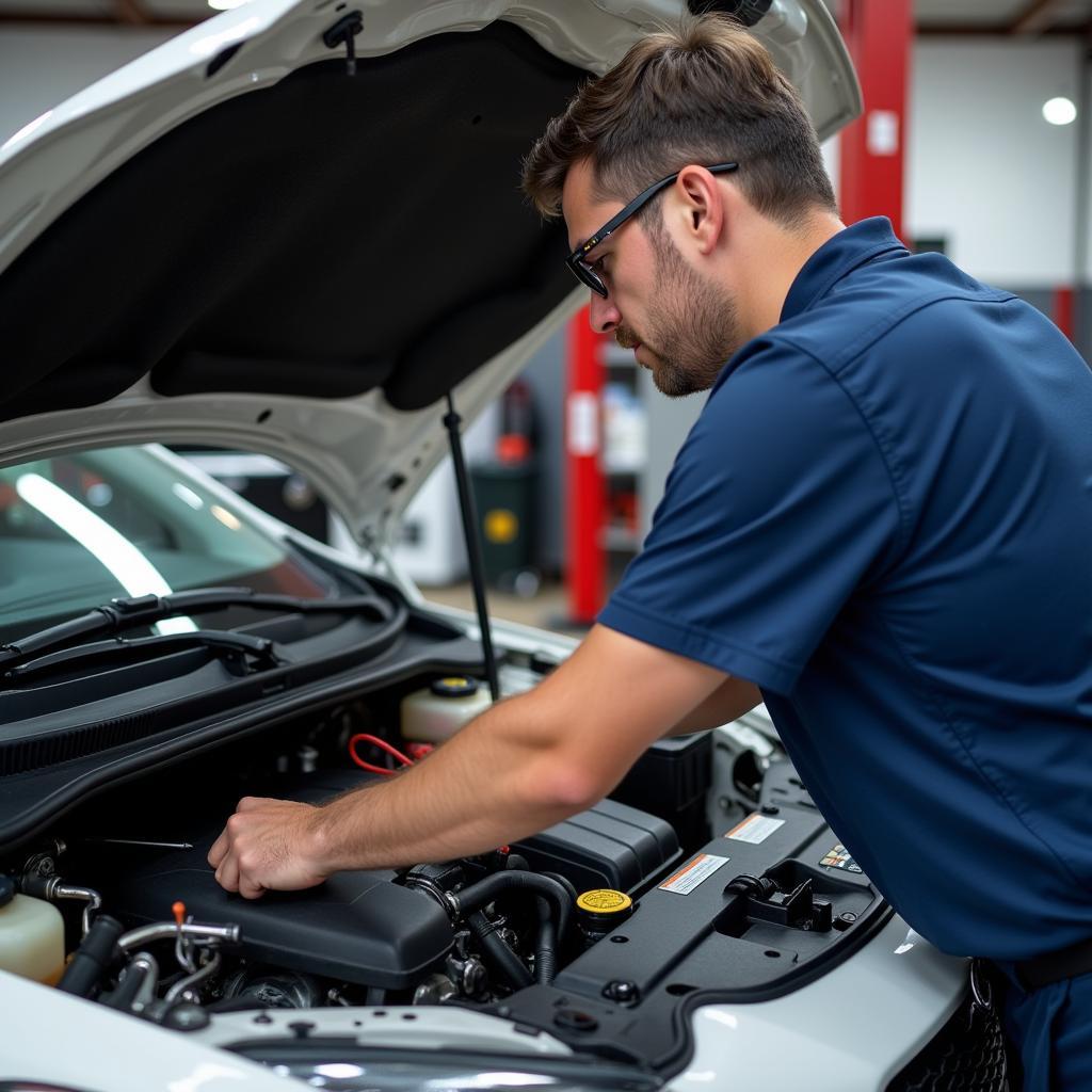 Mechanic Inspecting Car AC System