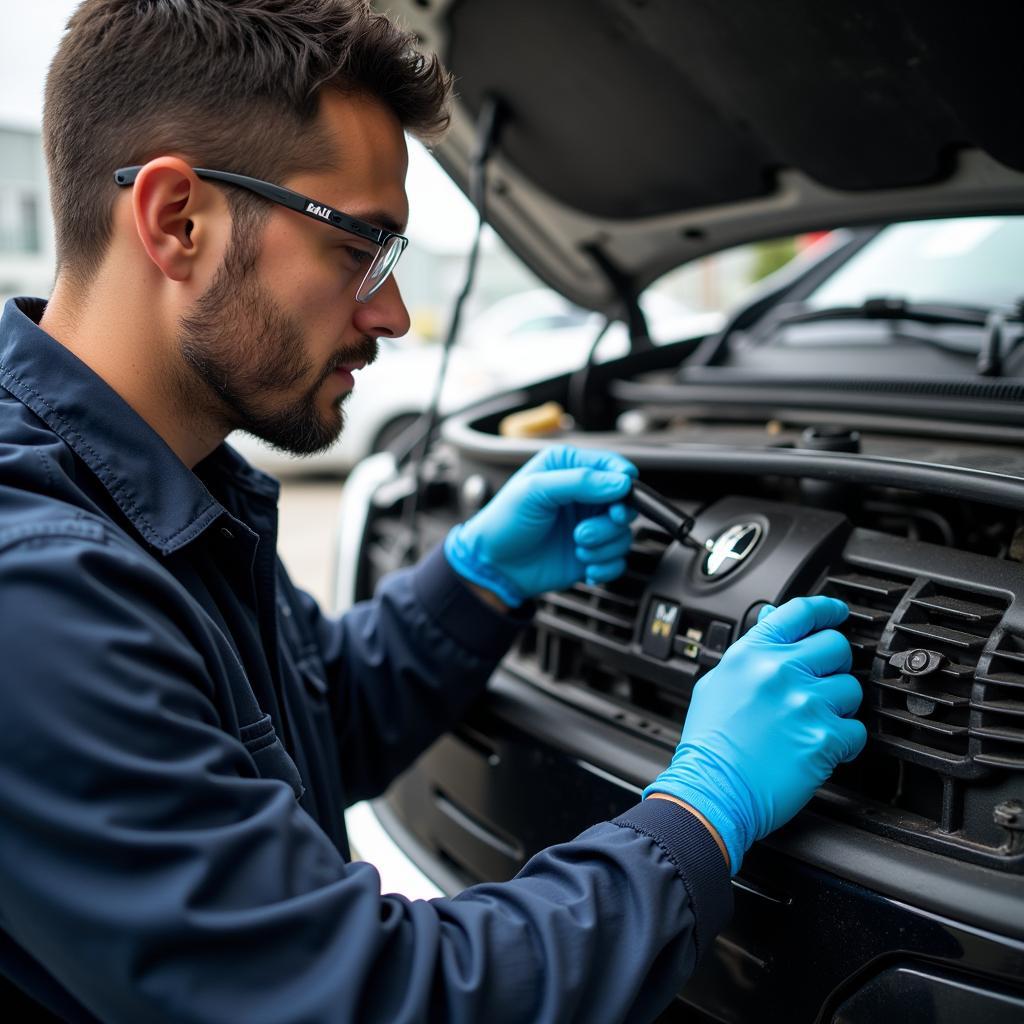 Mechanic Inspecting Car AC System