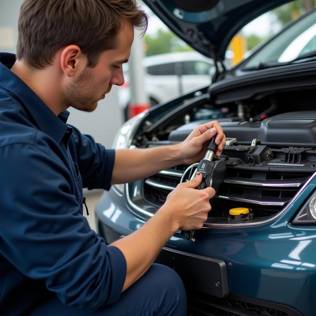 Mechanic Inspecting Car AC System