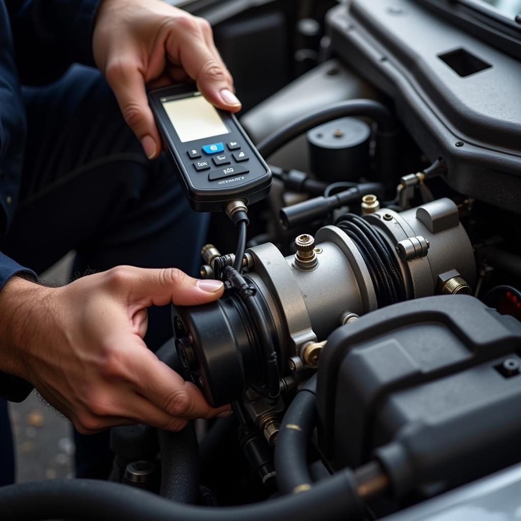 Mechanic Inspecting Car AC Compressor