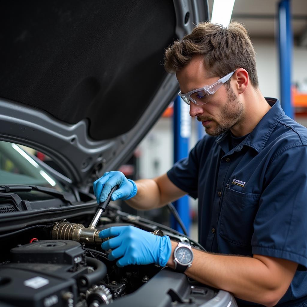 Mechanic Inspecting Car AC System