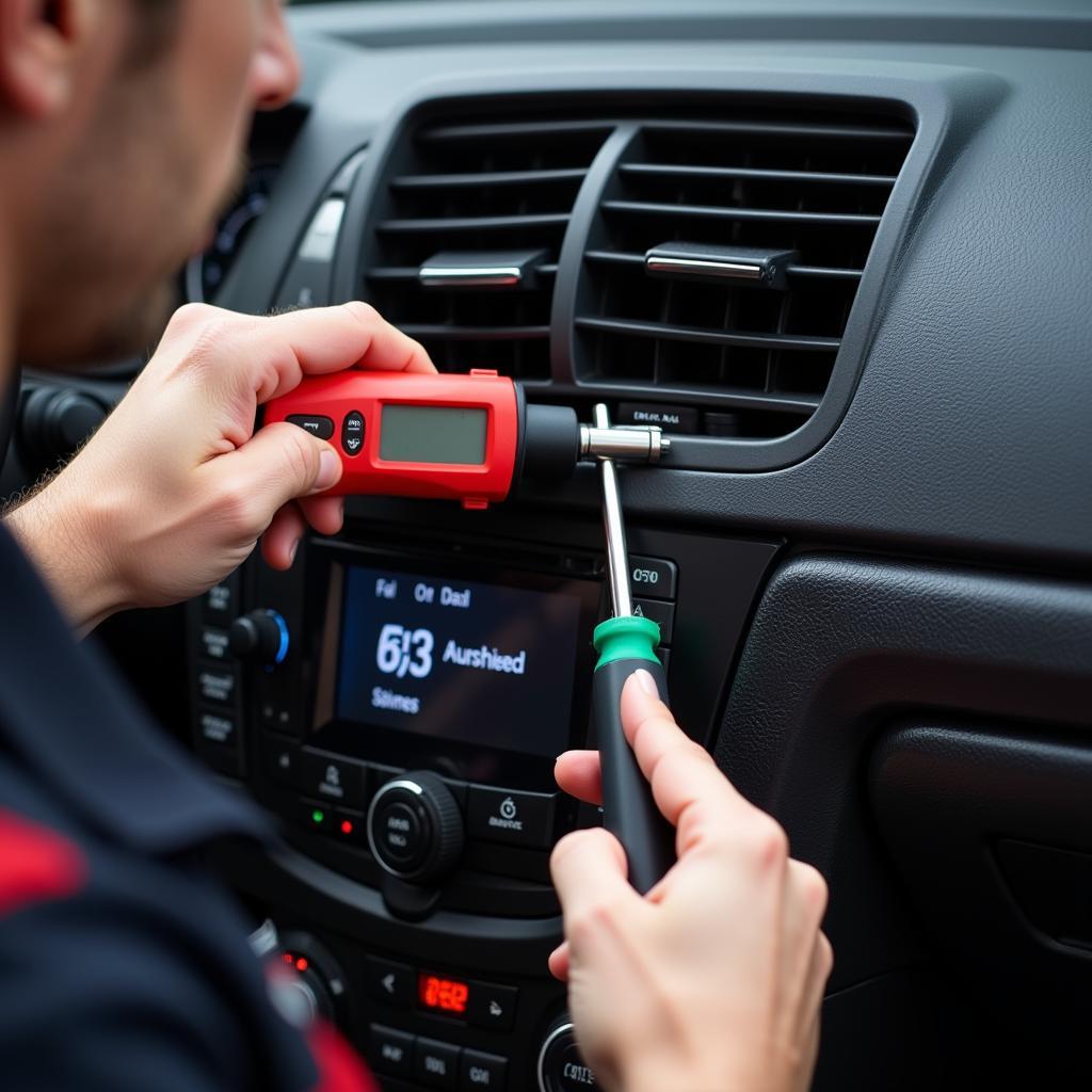 Mechanic Inspecting Car AC System