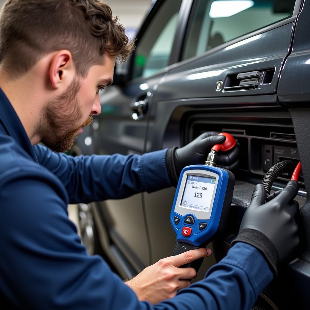 Mechanic Inspecting Car AC System