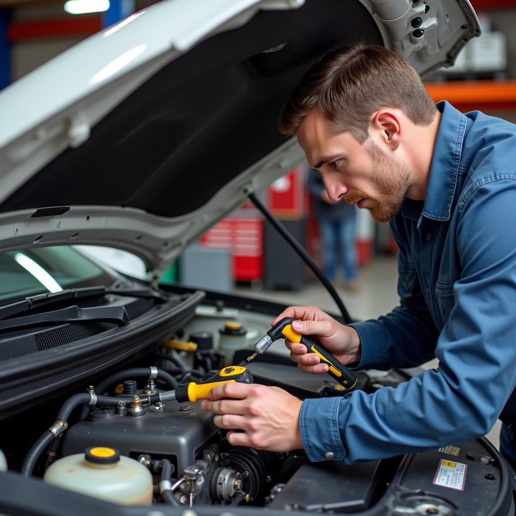 Mechanic inspecting car AC system