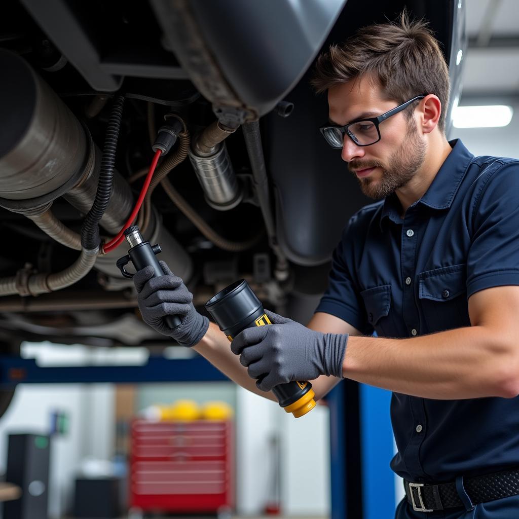 Mechanic Inspecting Car AC System