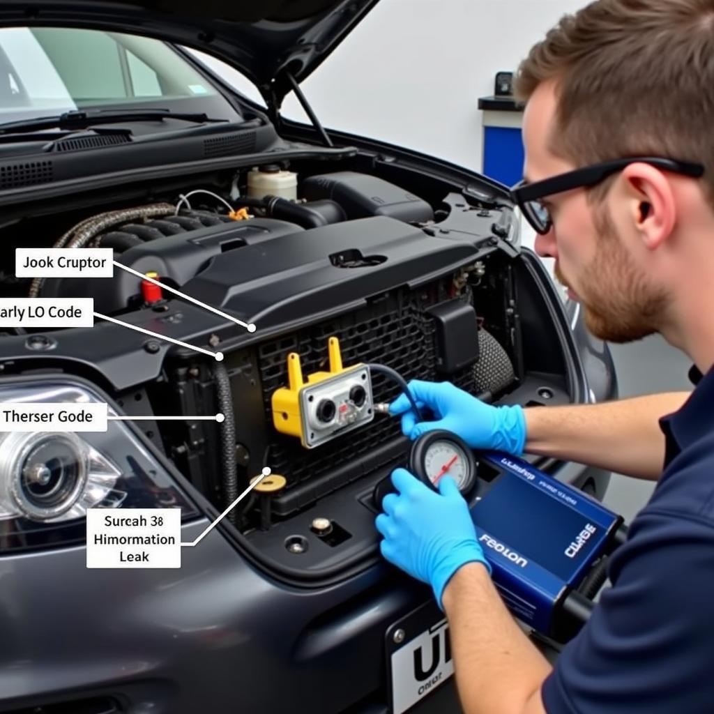 Mechanic inspecting car AC system for leaks