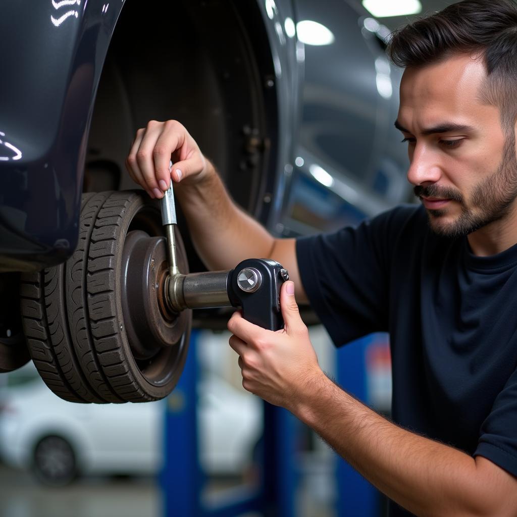 Mechanic inspecting a car axle