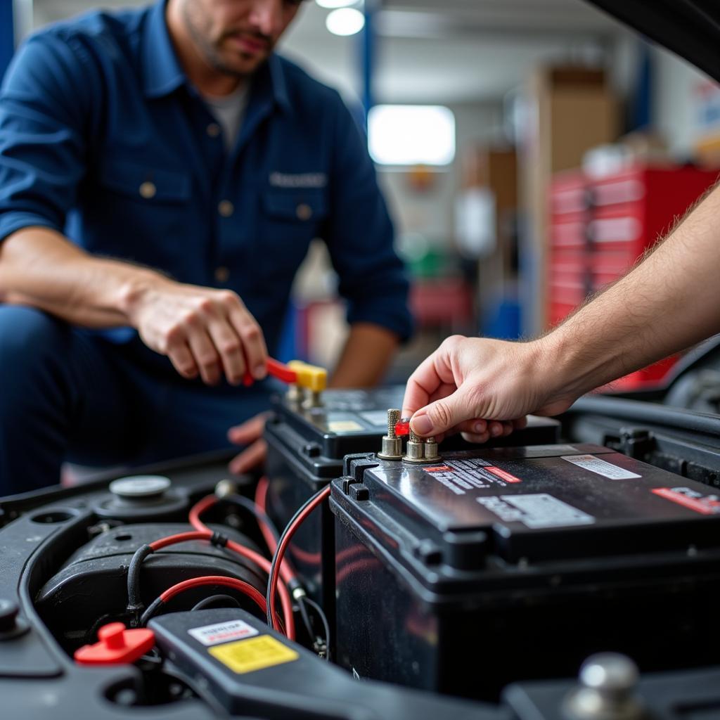 Mechanic Inspecting Car Battery