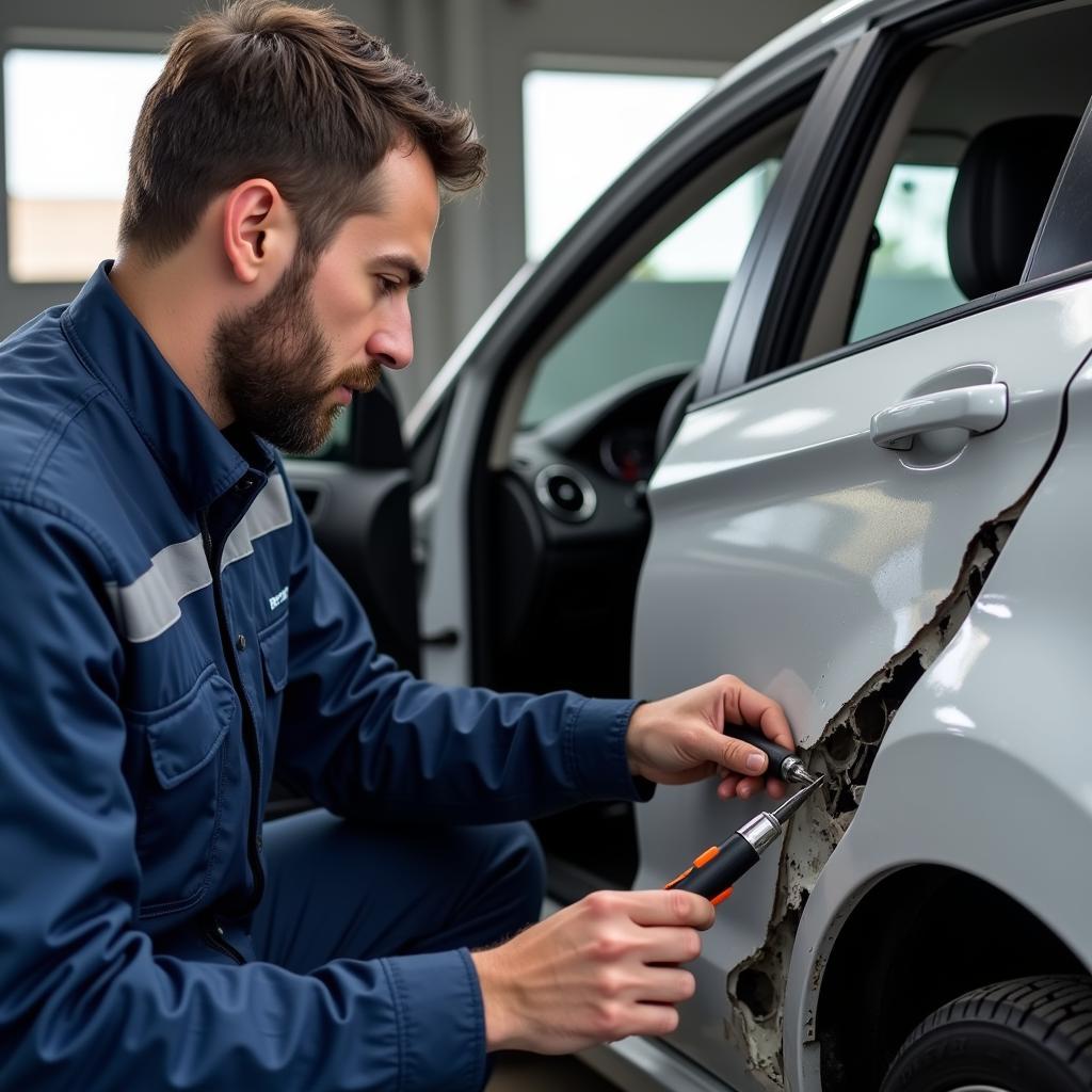 Mechanic Inspecting Damaged Car Door