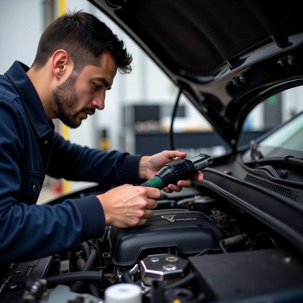 Mechanic Inspecting a Car Engine