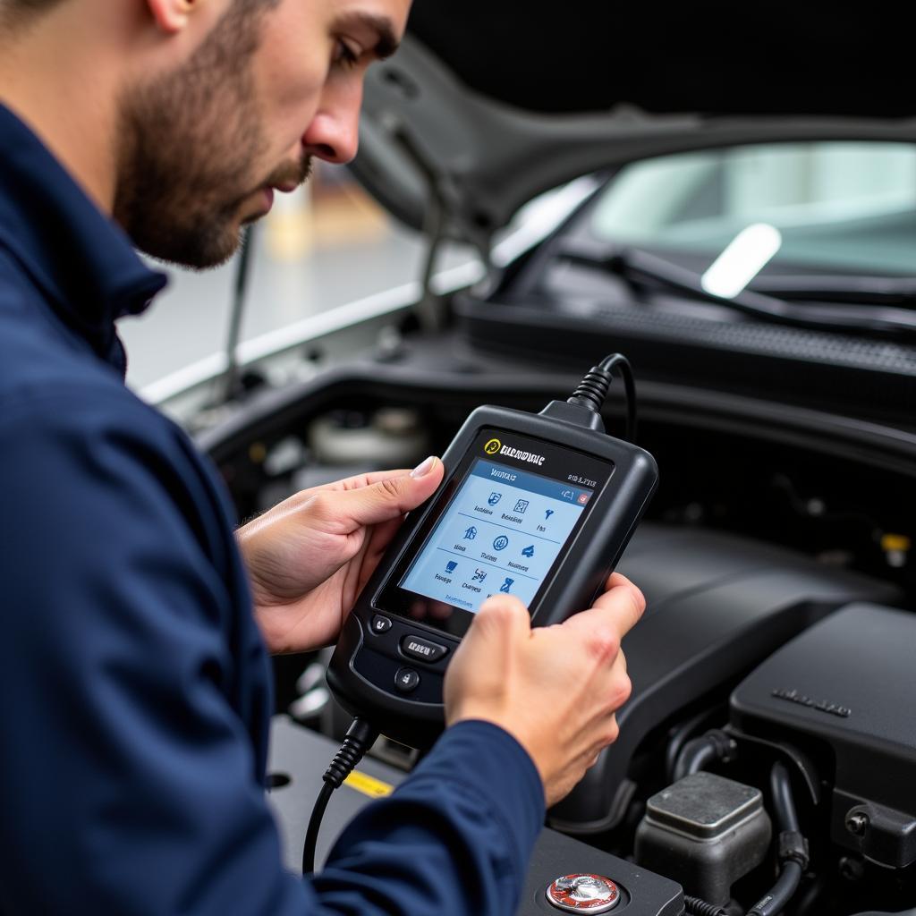 Mechanic Inspecting Car Engine with Diagnostic Tool