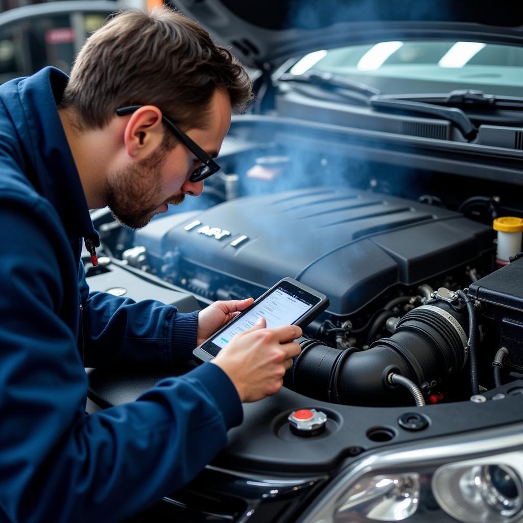 Mechanic Inspecting a Car Engine for Blue Smoke Issues