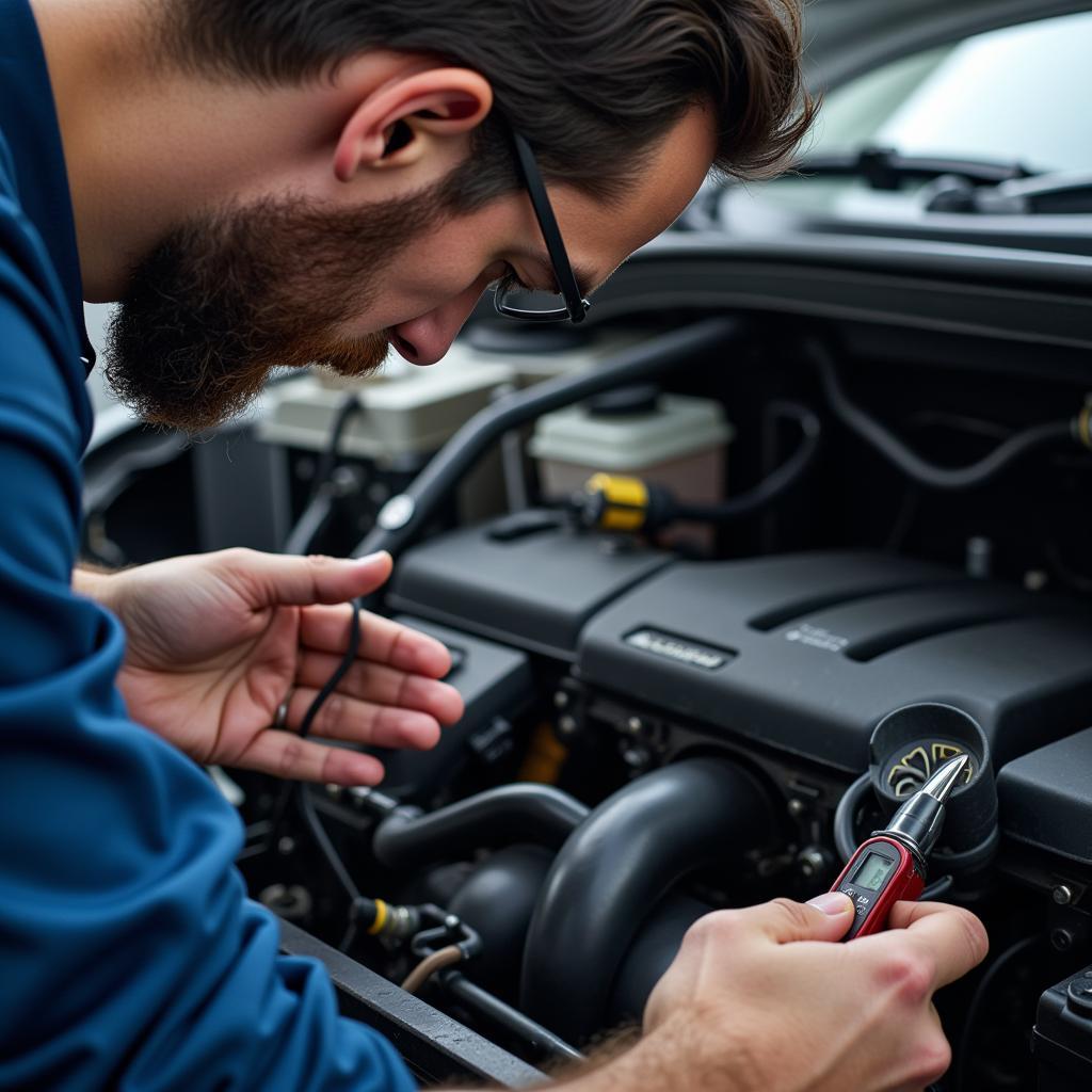 Mechanic Inspecting a Car Engine