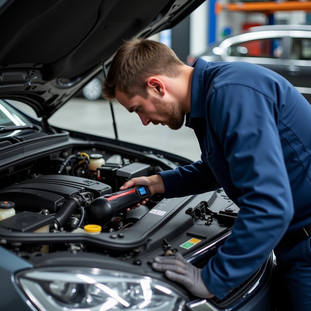 Mechanic Inspecting a Car Engine for Problems