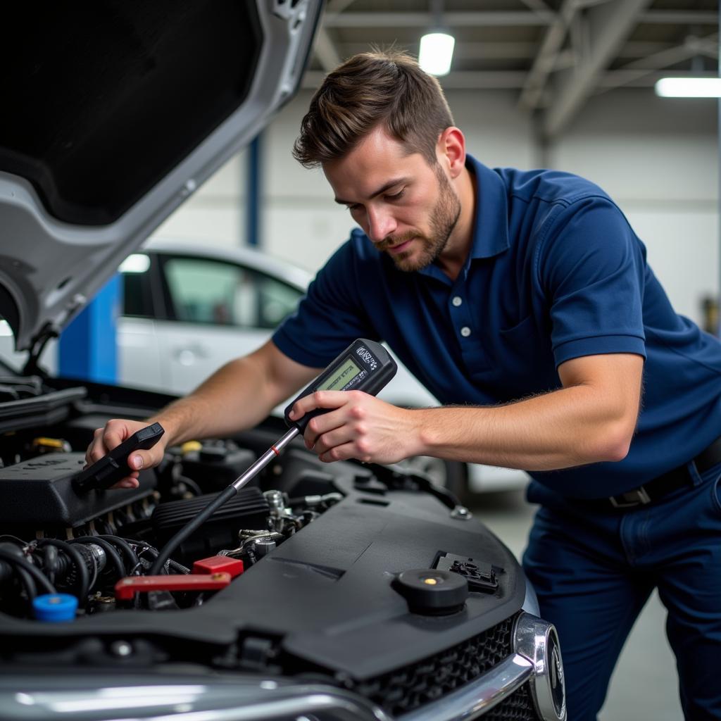 Mechanic Inspecting Car Engine for Diagnostic