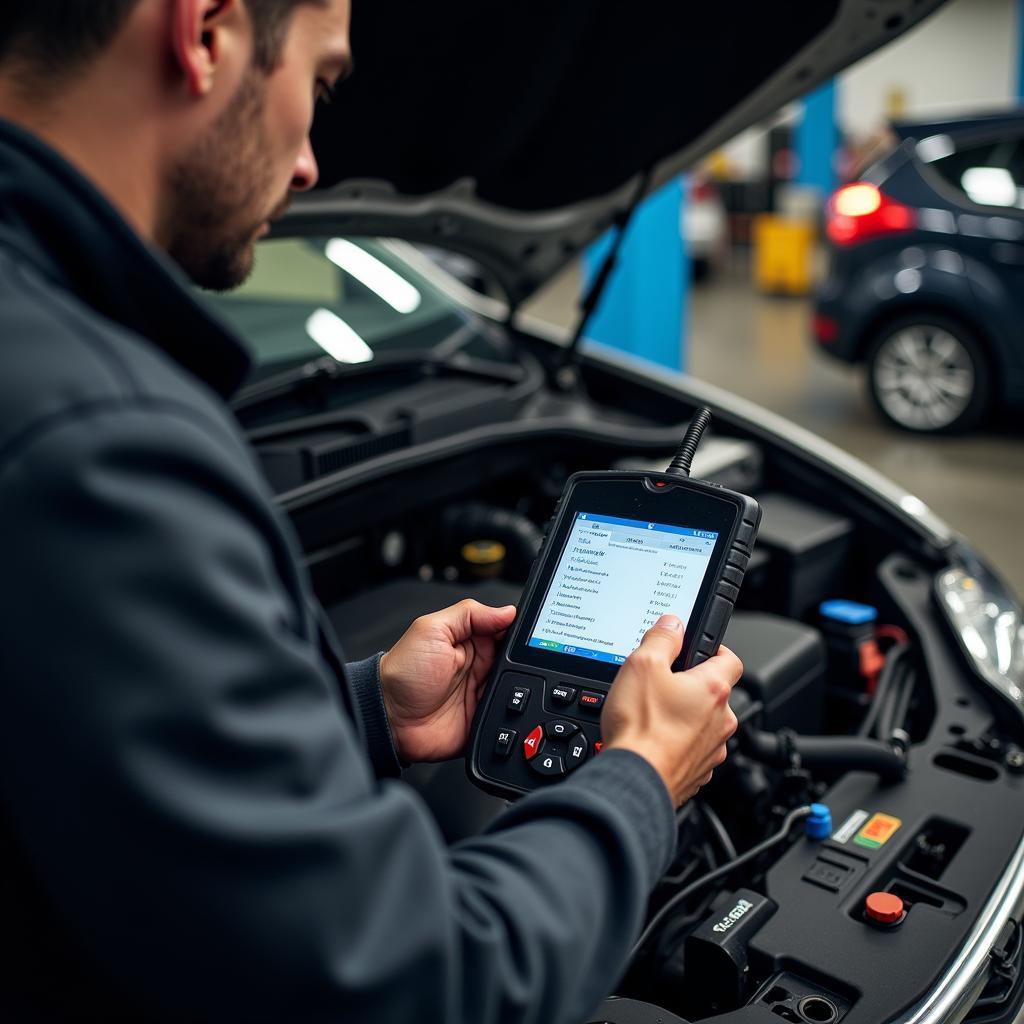 Mechanic Inspecting Car Engine with Diagnostic Tool