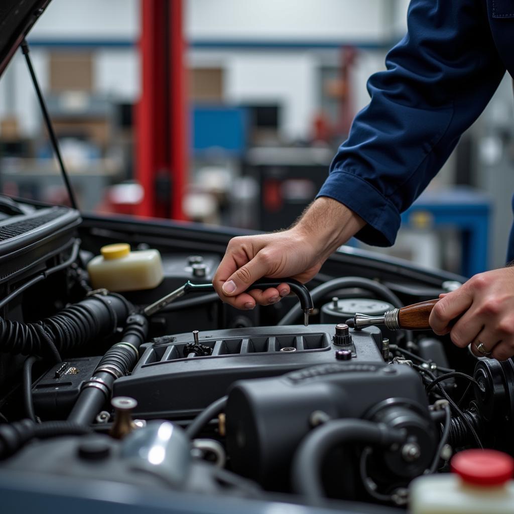 Mechanic Inspecting Car Engine During Yearly Maintenance