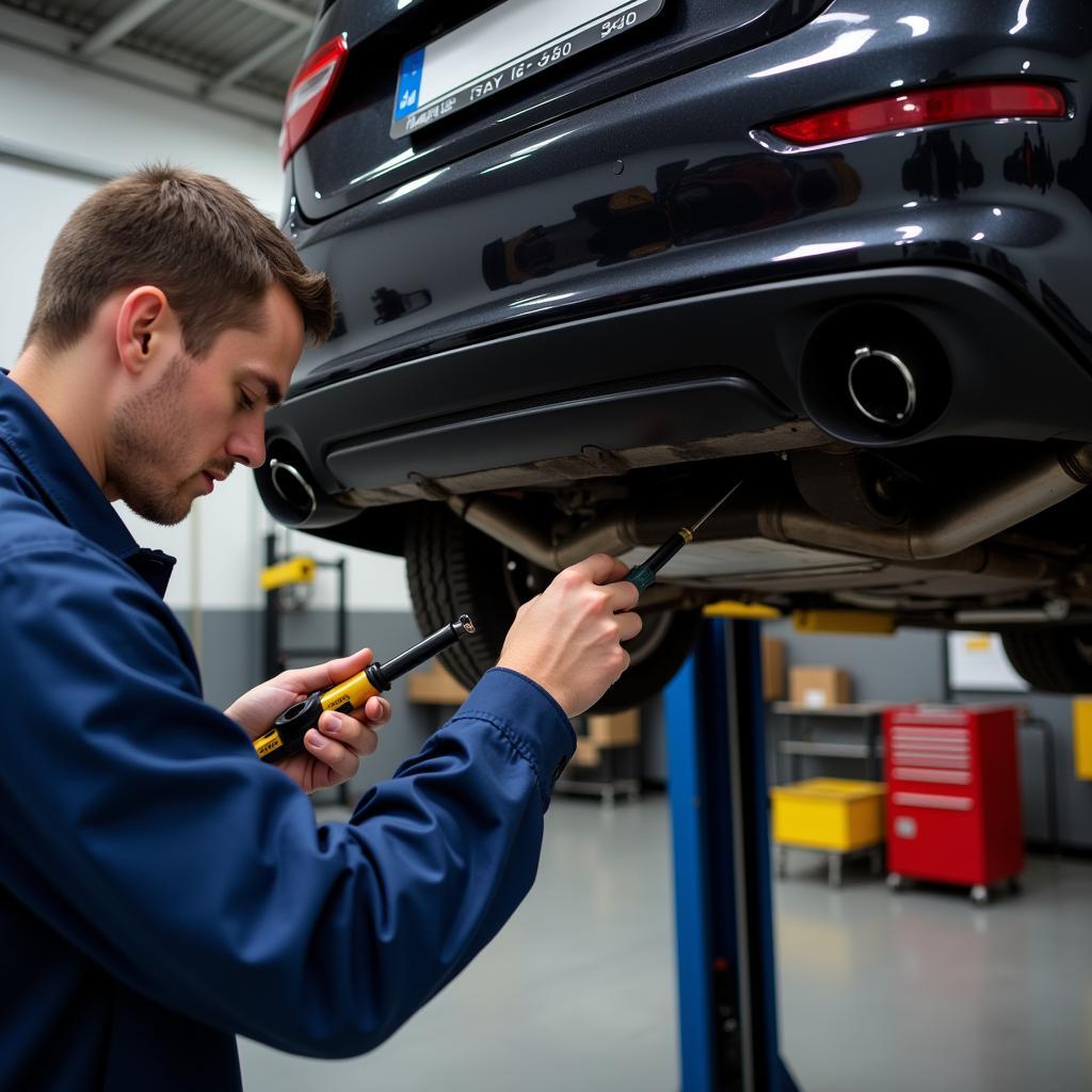 Mechanic Inspecting Car Exhaust System